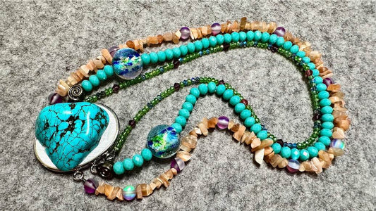 Turquoise, Peach Moonstone & Venetian Glass Necklace/Choker