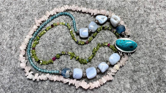 Turquoise, Rose Quartz, Peridot, Apatite, and Blue Chalcedony Necklace/Choker